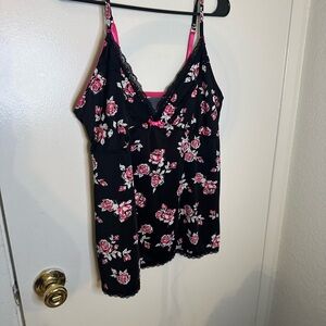 Floral Lace Trim Camisole Top - Black and Pink